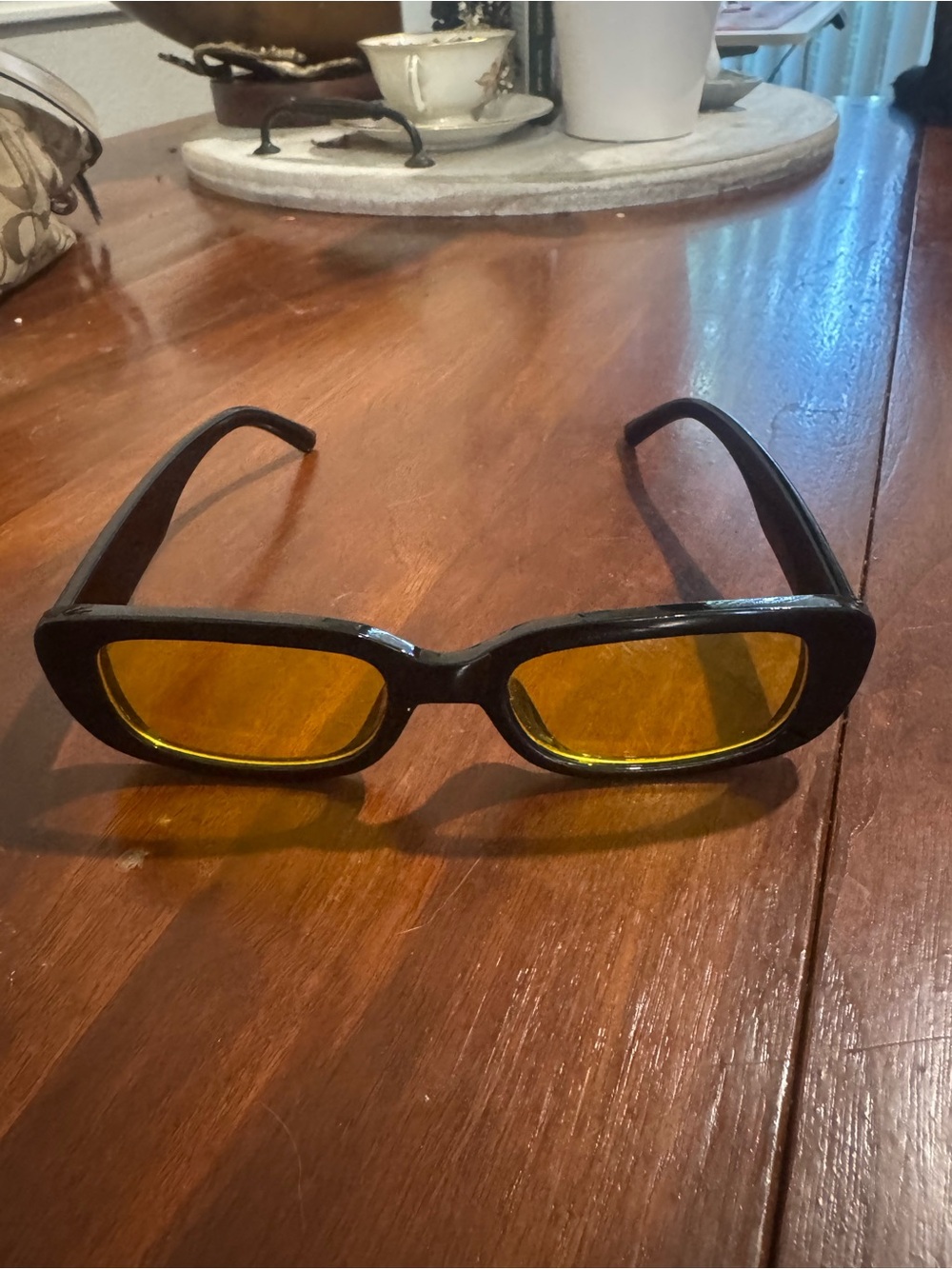 Retro Rectangular Black Sunglasses with Amber Yellow Lenses